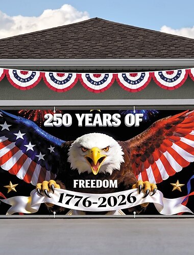  Decorazione per la copertura del portone del garage per il 250° anniversario della libertà, pentagramma della bandiera americana 7x16 piedi, sfondo per l'anniversario del 4 luglio, festa dell'indipendenza, banner a tema patriottico, sfondo fotografico