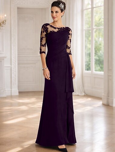  Strak kolom Tot de grond Bruiloft gast jurk Formele jurk Avondjurk Moeder van de bruid jurk Halve mouw Met sieraad Elegant Moeder Formele avonden Kant met Appliqués
