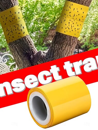  Ruban adhésif anti-mouches de 5 mètres pour arbres et lanternes, piège à insectes rampants jaune, barrière collante protégeant les arbres d'intérieur et d'extérieur, arbres fruitiers, pelouses et