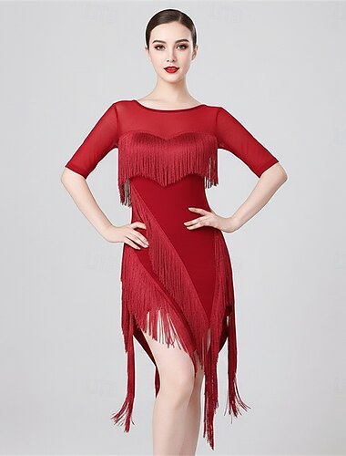  Zwarte Latijns-Amerikaanse dansjurk voor dames - professionele ballroomdansoutfit met mouwen van mesh - asymmetrische jurk met franjes en kwastjes