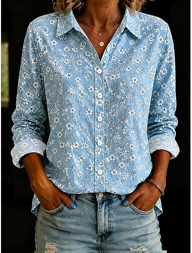  Per donna Camicia Bottoni Stampato Floreale Grafico Elegante Vintage Quotidiano Manica Lunga Colletto a Camicia Top Regolari Casuale Quotidiano Lavoro Blu Rosa Rosso Viola Verde Estate Primavera
