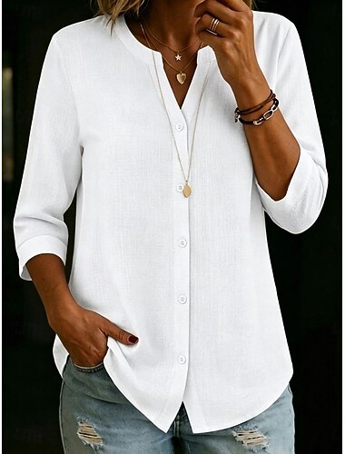  Dames Overhemd Blouse Effen Kleur Elegant Modieus 3/4 mouw V-hals Lange tops Casual Dagelijks Buiten blauw Zwart Wit Rood khaki Zomer Lente