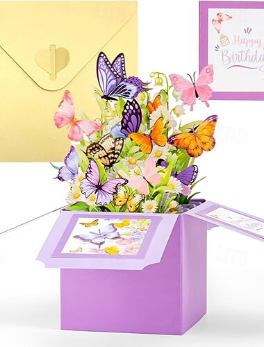  Cartão de aniversário pop-up 3D com borboletas para mulheres, cartão em caixa de flores roxas com margaridas, cartão de felicitações exclusivo com tema de jardim de borboletas para mãe, avó, irmã,