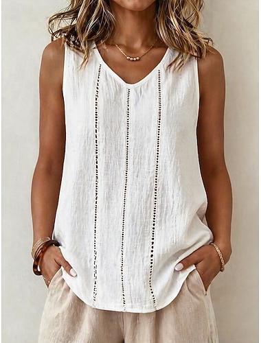  Per donna Gilet in cotone e lino Maglietta Canotta Elegante Bohemien Moda Senza Maniche Scollo a V Top Regolari Casuale Quotidiano Spiaggia Blu Nero Bianco Blu marino Viola Estate Primavera