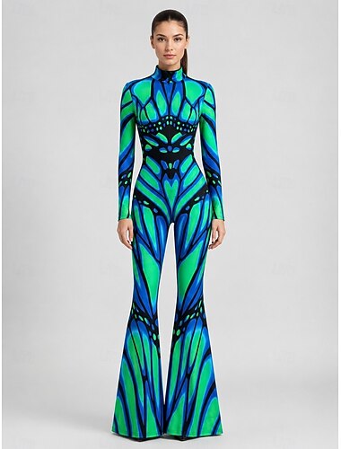  combinaison Costume grenouillère Pantalon évasé Impression Combinaison Intégrale Femmes Neon Rave Graphique Papillon Costume pour Festival de Musique Soirée Boîte de Nuit Halloween Carnaval Adulte