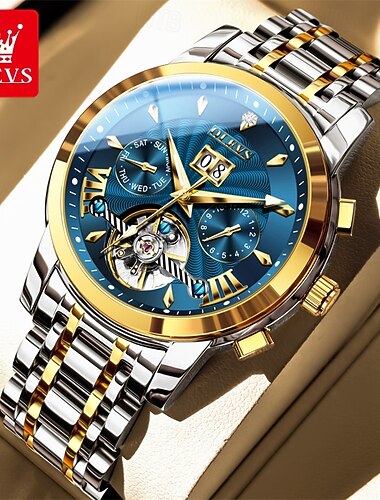 Reloj mecánico automático de lujo para hombre, acero inoxidable bicolor, esfera azul, estilo tourbillon esqueletizado, reloj de pulsera de negocios automático con gran fecha, resistente al agua hasta