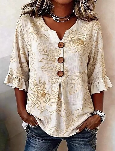  Dames Overhemd Boho-shirt Normaal shirt Bloemig Grafisch Elegant Bohemen Actief 3/4 mouw V-hals Lange tops Casual Khaki Donkerblauw Abrikoos Licht Blauw Zomer Lente Herfst Winter