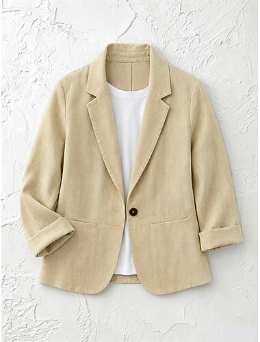 Blazer feminino de linho, confortável e respirável, com bolso, estilo casual, liso, para o escritório, uso urbano, dia a dia, abotoamento simples, modelagem regular, manga longa, disponível nas cores amarelo, rosa e damasco, ideal para o verão e a primave