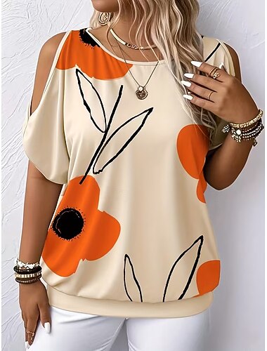  Dames Top met open schouders T-shirt Zomer tops T-shirts Bloemig Grafisch Elegant Tropisch leuke Style Korte mouw Ronde hals Normale tops Casual Dagelijks Strand Rood Oranje Zomer Lente Herfst Winter