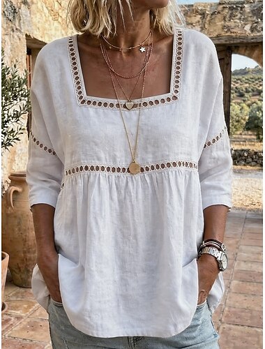  Mulheres Camisas de algodão e linho Blusa Côr Sólida Elegante Boêmia Manga 3/4 Decote Quadrado Tops regulares Ao ar livre Azul Branco Rosa Verde Caqui Verão Primavera
