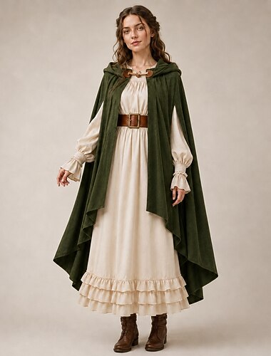  Retro Vintage Medieval Renascentista Comprimento Longo Capa manto com capuz Bard Ranger Camponês Fantasia Mulheres Fantasia Dia Das Bruxas Carnaval feira renascentista LARP Adulto Capa