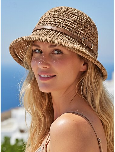  Dames bucket hat van geweven polyester met leren riem, lichtgewicht zomerzonnehoed voor vakantie, strand, casual buitenactiviteiten en dagelijks gebruik.