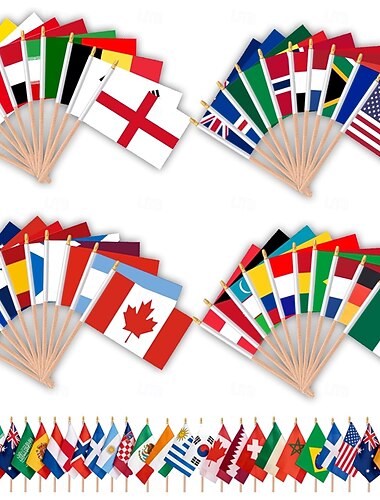  أعلام خشبية محمولة باليد لـ 48 دولة على عصا لتزيين كأس العالم لكرة القدم، و48 قطعة من الأعلام القماشية الصغيرة المحمولة باليد ذات الوجهين مع عمود بطول 11.8 بوصة لتزيين حفلات كرة القدم 2026 والحدائق