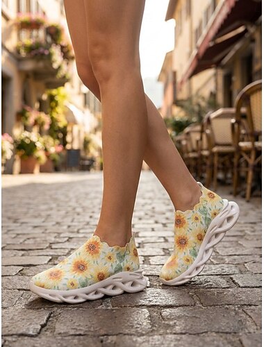  Tênis feminino slip-on com estampa de girassol, calçado casual leve, confortável e respirável para uso diário, caminhadas, academia e viagens. &passeios casuais