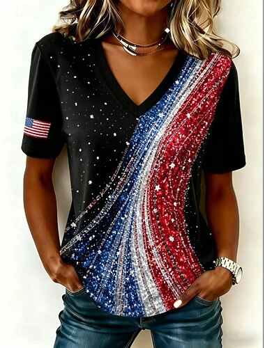  Jour de l'Indépendance Américaine Femmes T-shirt Imprimé Graphique Lettre Drapeau Américain ancien Élégant Classique Manche Courte Col en V Hauts Réguliers Occasionnel Quotidien Noir bleu marine Bleu