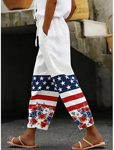  Dam Casual byxor Byxor Semester Vintage Etnisk Stil Fullängd Hög midjaPantsAmerikanska självständighetsdagen Blommig Stjärna Rand Snörning Sidfickor Elastisk midja Komfort Mateial som andas Bekväm
