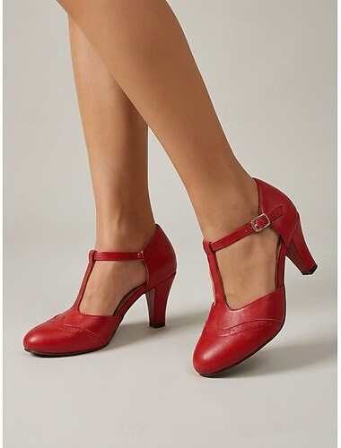  Zapatos de tacón retro de los años 50 para mujer con tira en T: tacones clásicos de polipiel roja con detalle de puntera de ala tipo brogue y hebilla ajustable para eventos rockabilly y para la