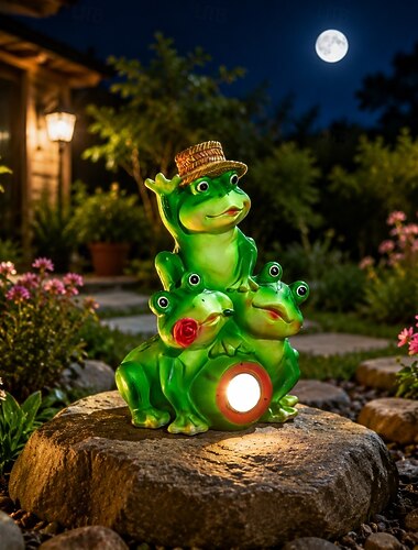  utendørs solcelledrevet vanntett dekorativ lampe med tre frosker i harpiks, hage plen sti terrasse dam hage villa terrasse nattlys, utendørs landskap, fe, terrassedekor