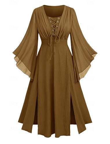  Retro vintage Middeleeuws Renaissance Middag Jurken Lange Mouwen Heks Fee Boers Veters Ronde hals Kostuum Dames Fantasie Halloween Feest Renaissance beurs LARP Volwassenen Kleding Lente zomer