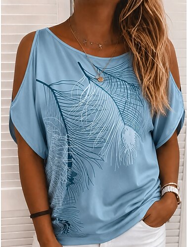  Dam Topp med öppna axlar T-shirt Summer Tops T-shirts Grafisk Elegant bohemliv Tropisk Kortärmad Båthals Vanliga toppar Ledigt Dagligen Strand Blå Grön Grå Sommar Vår Höst Vinter