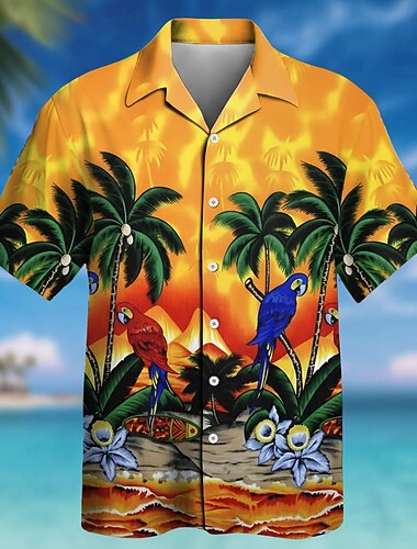  Homens Papagaio Coqueiro Plantas Tropicais Camisa havaiana Camisas tropicais Camiseta Aloha Manga Curta Havaiana Diário férias na praia Verão Primavera Aberto para a Lateral Impressão 3D Camisas de