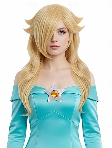 Blond prinsessperuk för kvinnor, flickor, kostym, cosplay, lång, vågig peruk