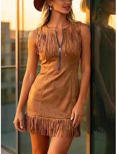  Per donna Mini abito Abito Boho Attillato Abito in finta pelle scamosciata Western Essenziale Classico Feste Weekend Vestibilità regolare Semplice Senza Maniche Girocollo Cachi Estate Primavera