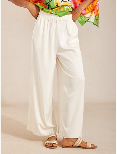 pantalon large en satin blanc soyeux à taille élastique
