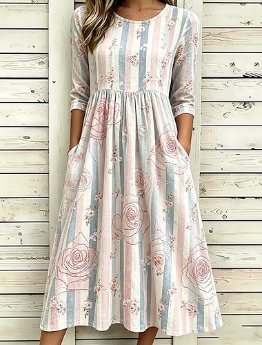  Damen Midikleid Shiftkleid Urlaub Lässig Boho Täglich Sommerkleid Frühlingskleid Normale Passform Blumen Grafik Kurzarm Rundhalsausschnitt Rosa Violett Beige Sommer Frühling