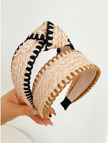  Dames bohemian strohoofdband, veelzijdige brede geknoopte haarband voor strandvakanties, resortlooks en dagelijkse casual kleding.