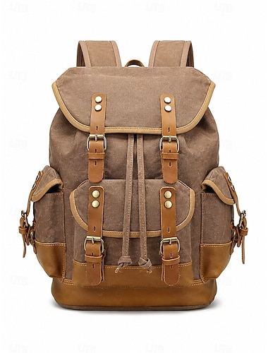  Mochila vintage de lona encerada para homens e mulheres, mochila retrô universitária de grande capacidade com acabamento em couro legítimo, bolsa impermeável para laptop, ideal para escola,