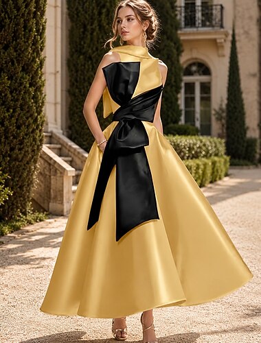  A-Linie Knöchellänge Cocktailkleider Partykleider Elegant seidig Ärmellos Rundhalsausschnitt Hochzeit Formell Tasche Satin mit Schleife(n) Perlenstickerei