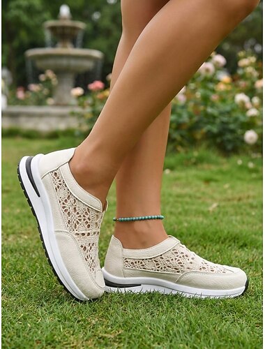  Sneakers slip-on beige da donna all'uncinetto - scarpe casual traspiranti con plateau, ideali per i viaggi estivi e per tutti i giorni. & a piedi