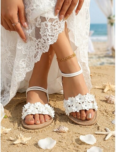  Witte platte sandalen met bloemenprint voor dames - comfortabele bruidsschoenen voor strandbruiloften, bruiden en bruiloftsgasten