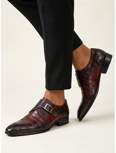  scarpe da uomo in pelle di coccodrillo color bordeaux – design con fibbia di lusso e finitura lucida, ideali per eventi formali, abbigliamento da ufficio, occasioni serali e matrimoni