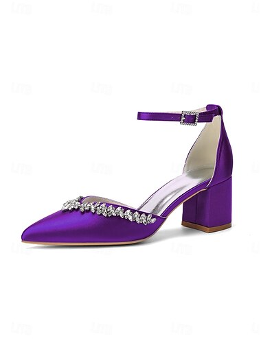  Dunkelviolette Satin-Pumps mit Blockabsatz für Damen – elegante, mit Kristallen verzierte Schuhe für Cocktailpartys und Abendveranstaltungen