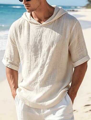  Per uomo Camicia Camicia Estiva Camicia da Spiaggia Camicia in cotone e lino Tinta unica Casuale All'aperto Nero Bianco Blu marino Albicocca Manica Corta Con Cappuccio Estate Primavera Abbigliamento