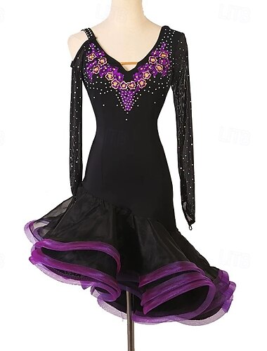  noir  &Robe de compétition de danse latine violette - application florale, strass, épaules dénudées en résille