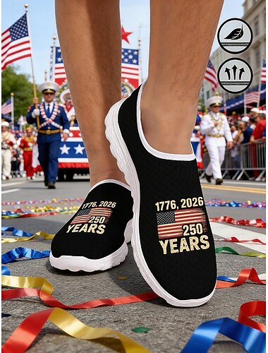  Scarpe slip-on da uomo USA Anniversary - traspiranti &Sneakers casual leggere in mesh nero con la scritta '1776-2026' &Stampa con la bandiera americana, ideale per le parate del giorno