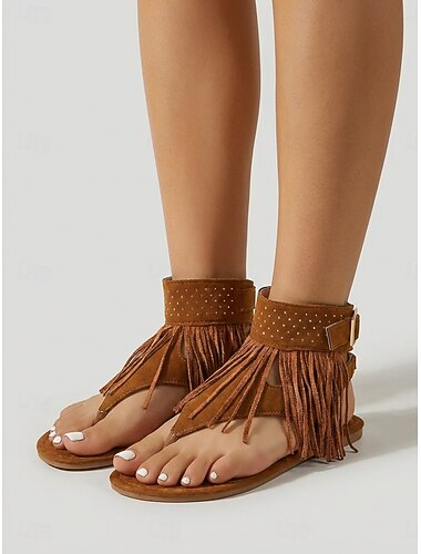  Sandali gladiatore da donna in camoscio stile boho - cinturino a T con frange marroni e fascia alla caviglia con strass, ideali per resort all'aperto e festival musicali. &vacanze estive