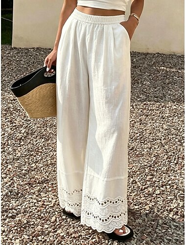  Damen Weites Bein Elegant Mode Volle Länge Mittlere Taillenlinie Dehnbar Blau Khaki Weiß Gelb Sommer Frühling Lässiger Schnitt