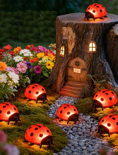  Conjunto de 4 luminárias solares de chão em formato de joaninha, simulando animais, para jardim, gramado e paisagismo. Ideais para caminhos, terraços e outras áreas externas.