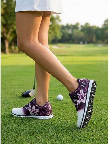  Paarse golfschoenen voor dames met bloemenprint - sneakers met elastische band, comfortabele outdoorschoenen voor golf &vrijetijdskleding