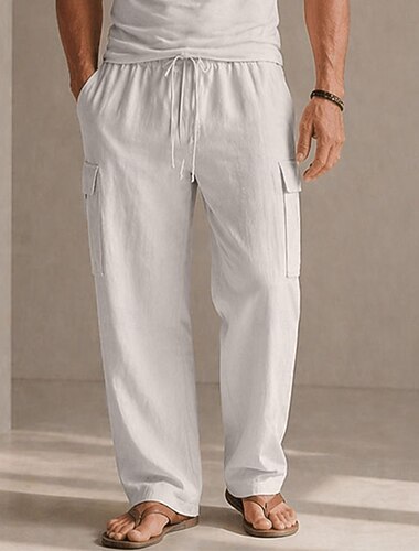 Homme Pantalons Cargo Pantalons en Lin Pantalons Pantalon d'été Cordon de serrage Taille Élastique Multi-poches Uni Confort Doux Longueur complète Quotidien Extérieur Fête Mode Style Classique Noir