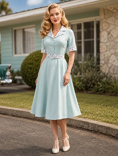  1950s Retro Antiguo Vestido Midi Vestidos Vestido swing Vestido acampanado Mangas cortas Color sólido Ajustado / Acampanado Disfraz Mujer día de San Valentín Fiesta de Té Casual Diario Adulto Vestido