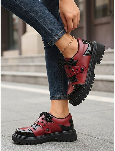  dames retro rood &Zwarte oxford - robuuste platformzool met afwerking van lakleer. &bandjes met oogjes voor streetwear &grunge mode