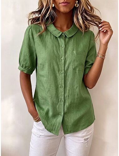  Dames Overhemd Effen Kleur Elegant Dagelijks Casual Korte mouw Peter Pan kraag Lange tops Casual Dagelijks Feestdagen blauw Grijs-Groen Blozend Roze Groen Grijs Zomer Lente