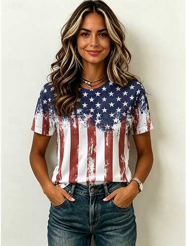  Giorno dell'Indipendenza Americana Per donna Maglietta Stampato Grafico Bandiera Americana Vintage Elegante Casual Manica Corta Girocollo Top Regolari Casuale Quotidiano Weekend Blu bianco rosso