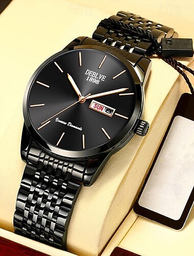 Herrklocka lyxig klocka i svart rostfritt stål business casual armbandsur med dag- och datumvisning minimalistisk solstråleurtavla vattentät självlysande moderiktiga klänningsklockor för män presenter