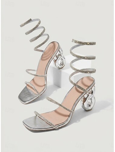  Sandálias femininas prateadas de salto alto com tiras - sapatos glamorosos com strass para festas sensuais e saídas à noite.